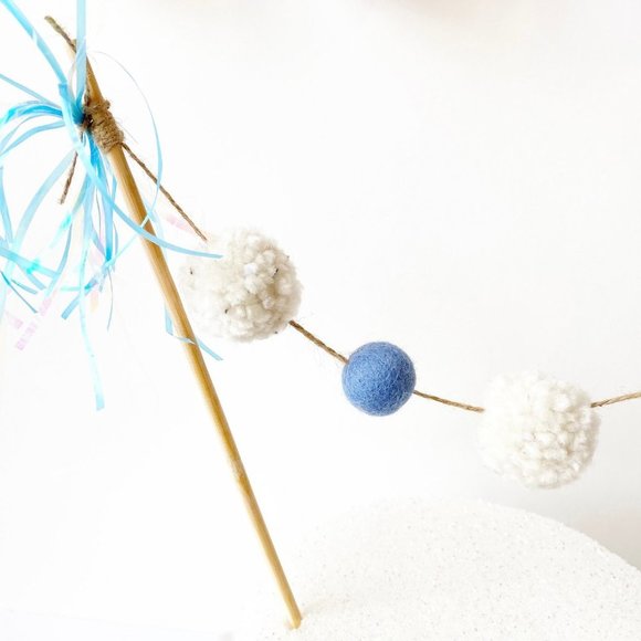 Blue Pom Pom Felt Ball Cake Topper, Birthday Cake Topper for Boys, Party Decor - Picture 3 of 5